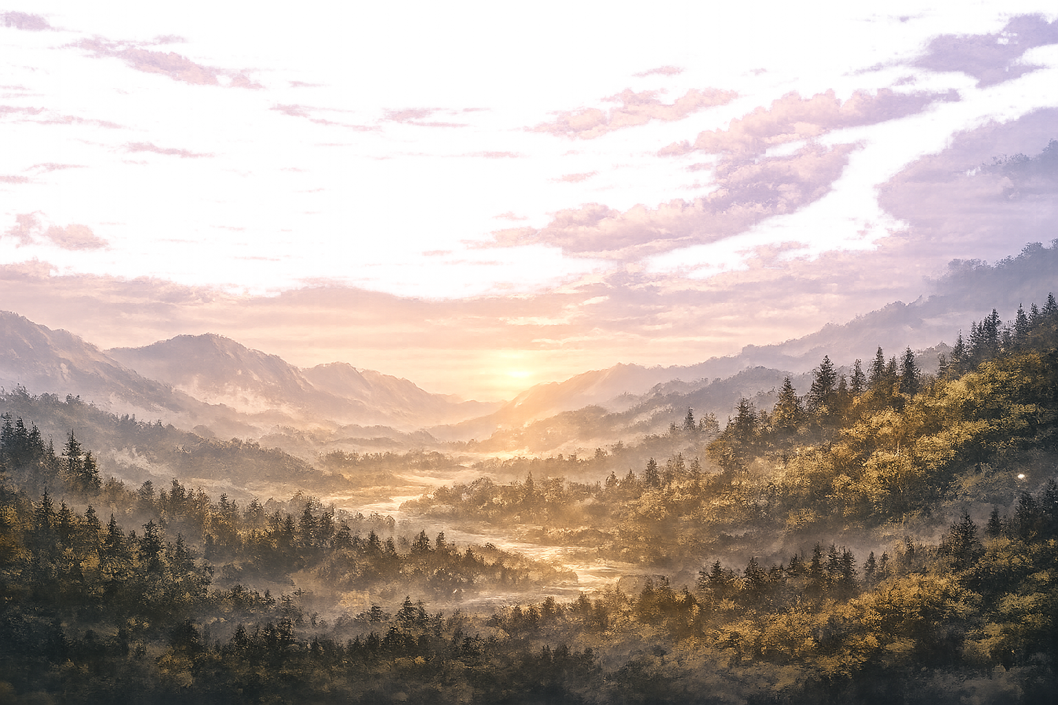 Golden mountains and a misty valley at sunrise